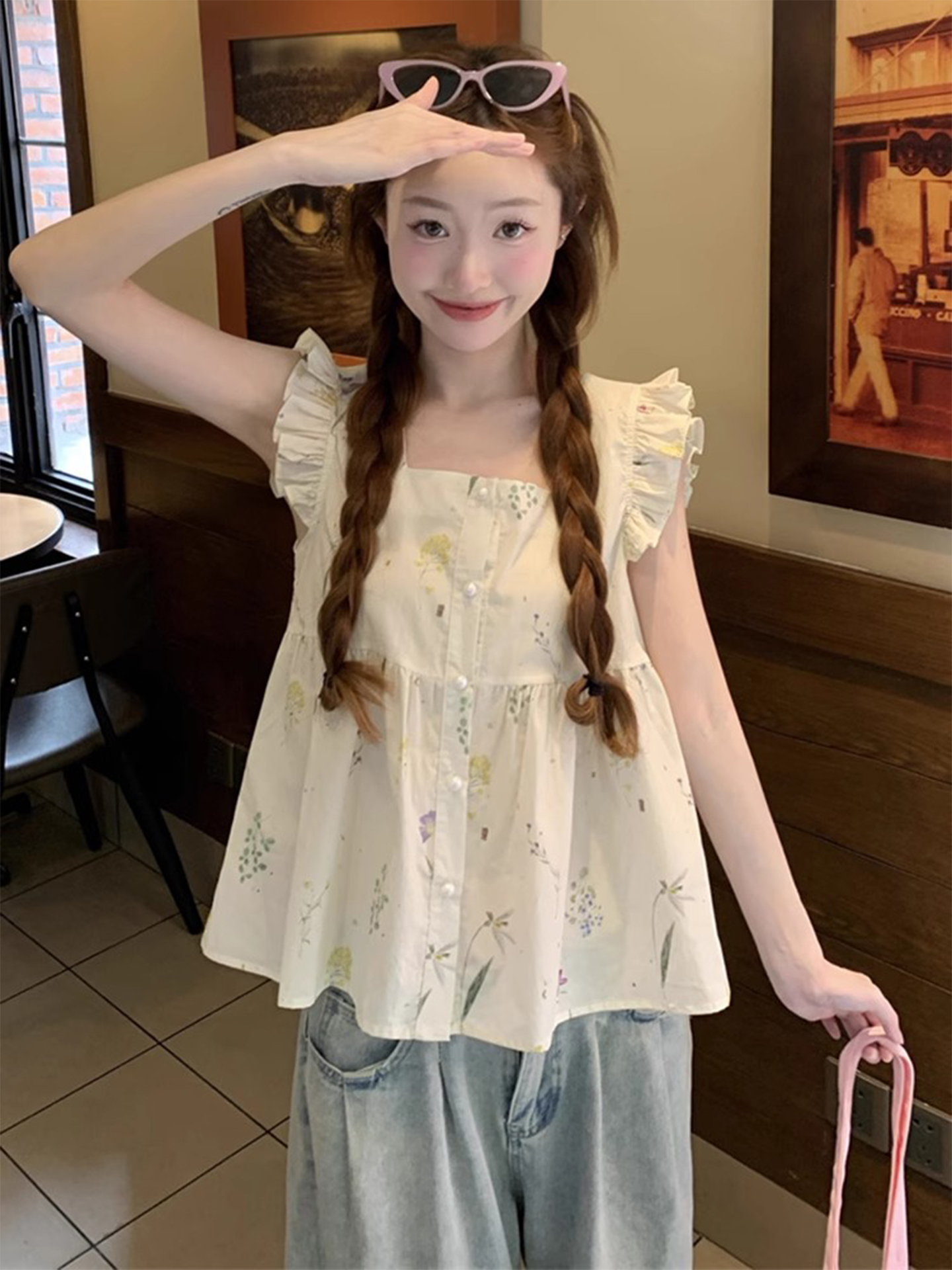 Sweet Style Floral Print Blous - Summer Clothing Young Women 리뷰 및 가격