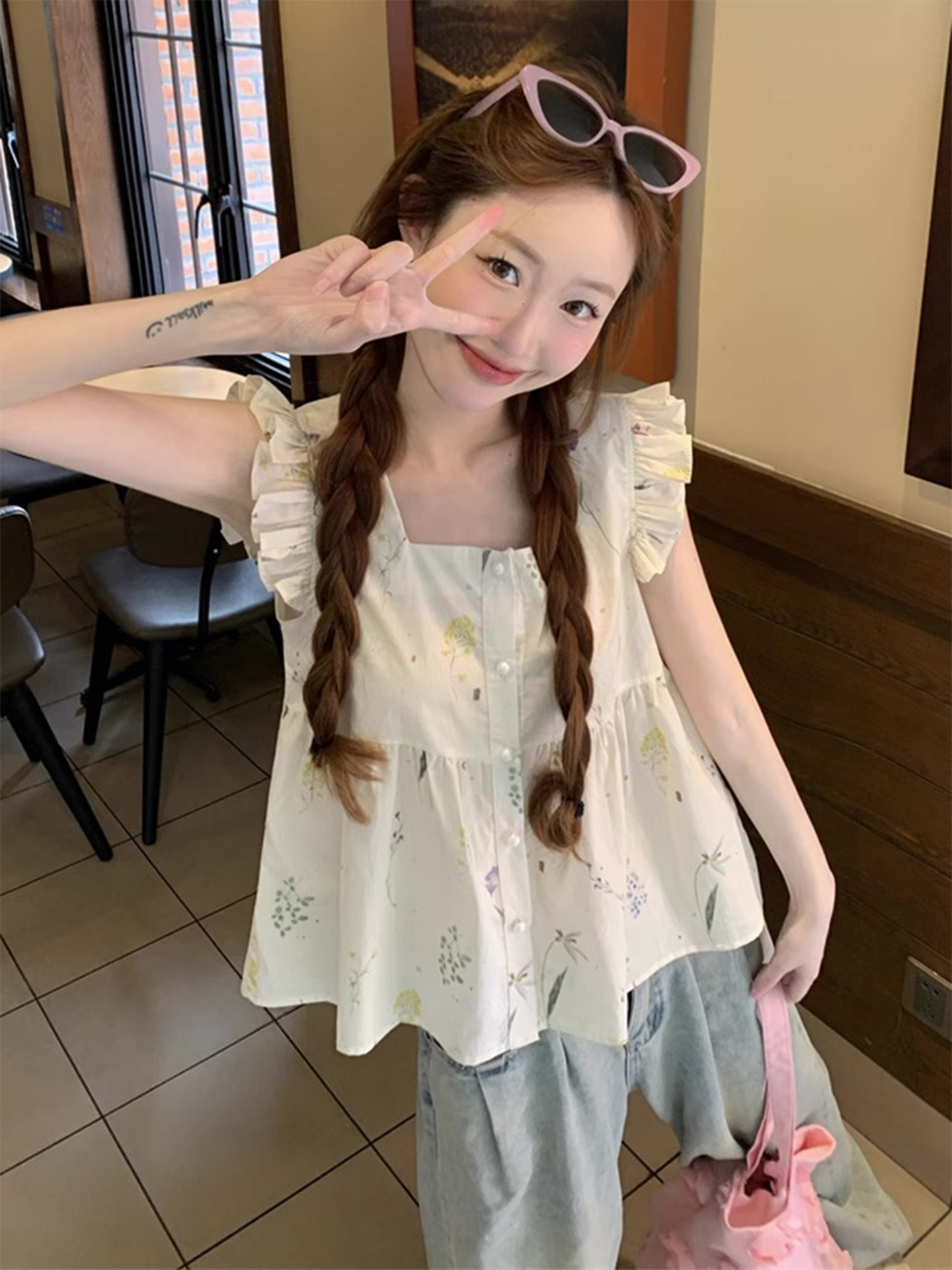 Sweet Style Floral Print Blous - Summer Clothing Young Women 리뷰 및 가격